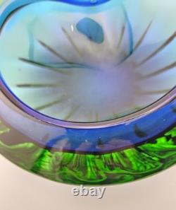 Exquisite Heavy 6.5 Vintage Murano Art Glass Geode Bowl Blue Green Clear Casing
