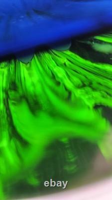 Exquisite Heavy 6.5 Vintage Murano Art Glass Geode Bowl Blue Green Clear Casing