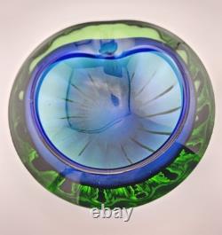 Exquisite Heavy 6.5 Vintage Murano Art Glass Geode Bowl Blue Green Clear Casing