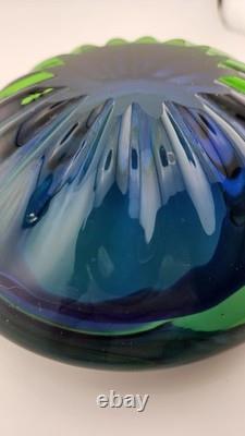 Exquisite Heavy 6.5 Vintage Murano Art Glass Geode Bowl Blue Green Clear Casing