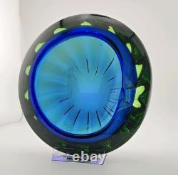 Exquisite Heavy 6.5 Vintage Murano Art Glass Geode Bowl Blue Green Clear Casing