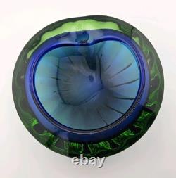 Exquisite Heavy 6.5 Vintage Murano Art Glass Geode Bowl Blue Green Clear Casing