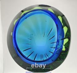 Exquisite Heavy 6.5 Vintage Murano Art Glass Geode Bowl Blue Green Clear Casing