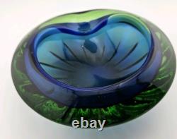 Exquisite Heavy 6.5 Vintage Murano Art Glass Geode Bowl Blue Green Clear Casing