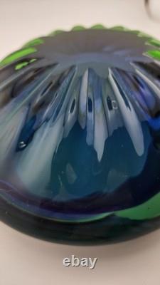 Exquisite Heavy 6.5 Vintage Murano Art Glass Geode Bowl Blue Green Clear Casing