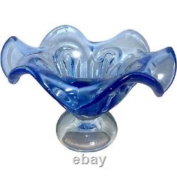 Exquisite Large Blue Murano Hand Blown Glass Footed Pedestal Bowl Heavy
