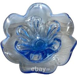 Exquisite Large Blue Murano Hand Blown Glass Footed Pedestal Bowl Heavy