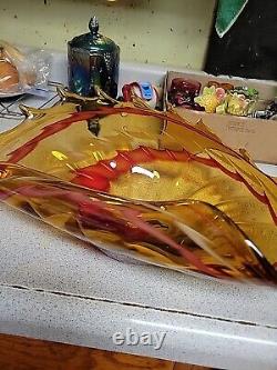 Exquisite Large Vintage Murano Hand Blown Spiked Edge Red Swirl Amber Glass With