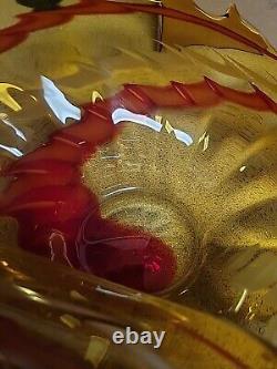 Exquisite Large Vintage Murano Hand Blown Spiked Edge Red Swirl Amber Glass With