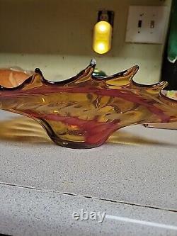 Exquisite Large Vintage Murano Hand Blown Spiked Edge Red Swirl Amber Glass With