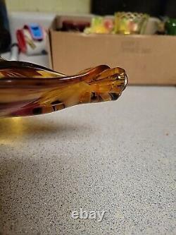 Exquisite Large Vintage Murano Hand Blown Spiked Edge Red Swirl Amber Glass With