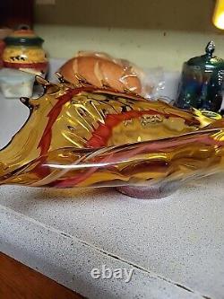 Exquisite Large Vintage Murano Hand Blown Spiked Edge Red Swirl Amber Glass With