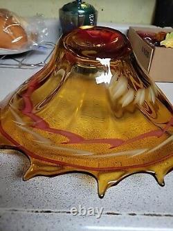 Exquisite Large Vintage Murano Hand Blown Spiked Edge Red Swirl Amber Glass With