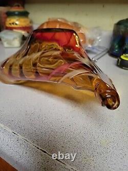 Exquisite Large Vintage Murano Hand Blown Spiked Edge Red Swirl Amber Glass With