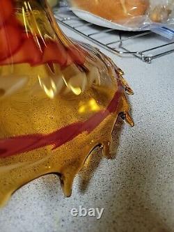 Exquisite Large Vintage Murano Hand Blown Spiked Edge Red Swirl Amber Glass With