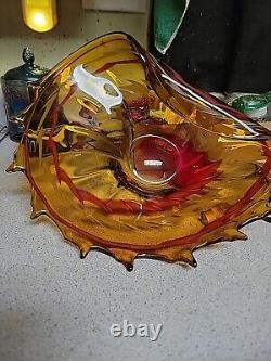 Exquisite Large Vintage Murano Hand Blown Spiked Edge Red Swirl Amber Glass With