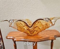 Exquisite Murano Hand Blown Amber Crystal Flower Bowl Centerpiece