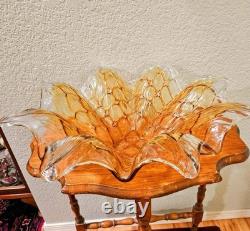 Exquisite Murano Hand Blown Amber Crystal Flower Bowl Centerpiece