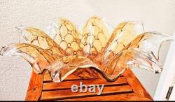 Exquisite Murano Hand Blown Amber Crystal Flower Bowl Centerpiece