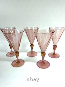 FIVE Hand Blown Murano Venetian 7 Antique Pink Wine Glasses with Gold Flecks