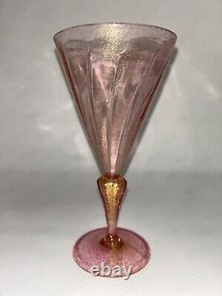 FIVE Hand Blown Murano Venetian 7 Antique Pink Wine Glasses with Gold Flecks