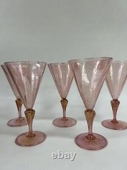 FIVE Hand Blown Murano Venetian 7 Antique Pink Wine Glasses with Gold Flecks