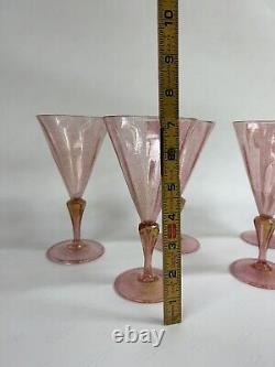 FIVE Hand Blown Murano Venetian 7 Antique Pink Wine Glasses with Gold Flecks