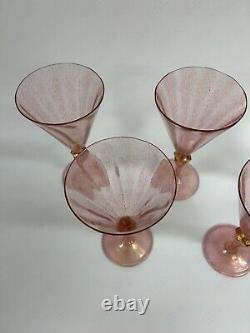 FIVE Hand Blown Murano Venetian 7 Antique Pink Wine Glasses with Gold Flecks