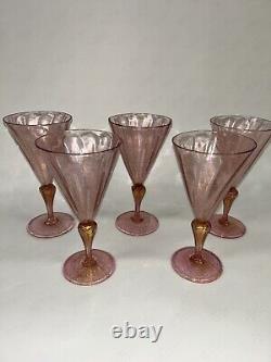 FIVE Hand Blown Murano Venetian 7 Antique Pink Wine Glasses with Gold Flecks