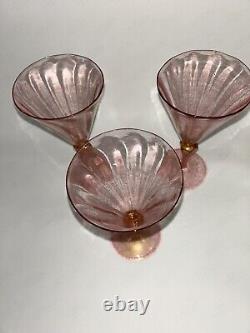 FIVE Hand Blown Murano Venetian 7 Antique Pink Wine Glasses with Gold Flecks