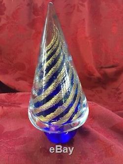 FLAWLESS Exquisite MURANO Italy Glass Cone CHRISTMAS TREE Blue Gold SWIRLS