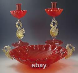 Ferro Murano Venetian Art Glass Console Bowl+2 Candlesticks Set Orig Label Vtg