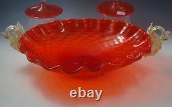 Ferro Murano Venetian Art Glass Console Bowl+2 Candlesticks Set Orig Label Vtg