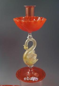 Ferro Murano Venetian Art Glass Console Bowl+2 Candlesticks Set Orig Label Vtg