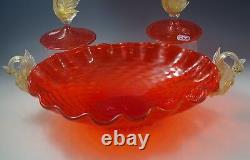 Ferro Murano Venetian Art Glass Console Bowl+2 Candlesticks Set Orig Label Vtg