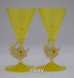 Fine Pair of Venetian Murano Hand Blown Dolphin Yellow Wine Glasses, Circa 1930