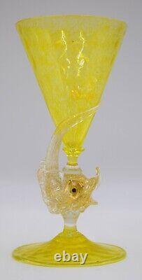 Fine Pair of Venetian Murano Hand Blown Dolphin Yellow Wine Glasses, Circa 1930