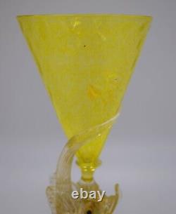 Fine Pair of Venetian Murano Hand Blown Dolphin Yellow Wine Glasses, Circa 1930