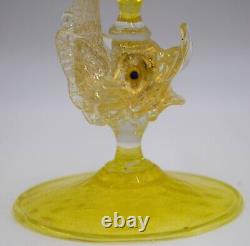 Fine Pair of Venetian Murano Hand Blown Dolphin Yellow Wine Glasses, Circa 1930