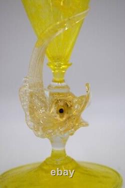 Fine Pair of Venetian Murano Hand Blown Dolphin Yellow Wine Glasses, Circa 1930