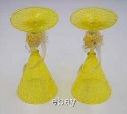 Fine Pair of Venetian Murano Hand Blown Dolphin Yellow Wine Glasses, Circa 1930