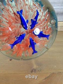 Fish Dolphins Faux Aquarium Paperweight Round Art Glass Hand Blown Multicolored