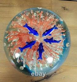 Fish Dolphins Faux Aquarium Paperweight Round Art Glass Hand Blown Multicolored