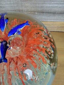 Fish Dolphins Faux Aquarium Paperweight Round Art Glass Hand Blown Multicolored