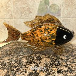 Fish Large Murano Style Hand Blown Art Glass Fish Orange & Black. 11 Long 7H