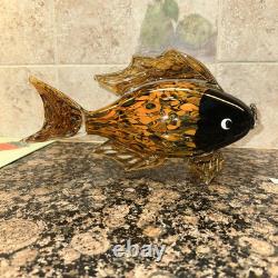Fish Large Murano Style Hand Blown Art Glass Fish Orange & Black. 11 Long 7H