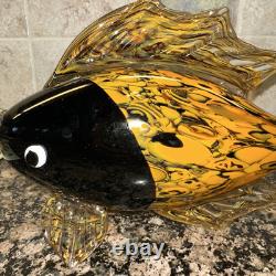 Fish Large Murano Style Hand Blown Art Glass Fish Orange & Black. 11 Long 7H