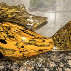 Fish Large Murano Style Hand Blown Art Glass Fish Orange & Black. 11 Long 7H
