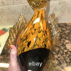 Fish Large Murano Style Hand Blown Art Glass Fish Orange & Black. 11 Long 7H