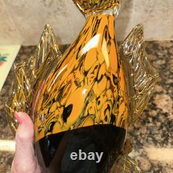 Fish Large Murano Style Hand Blown Art Glass Fish Orange & Black. 11 Long 7H